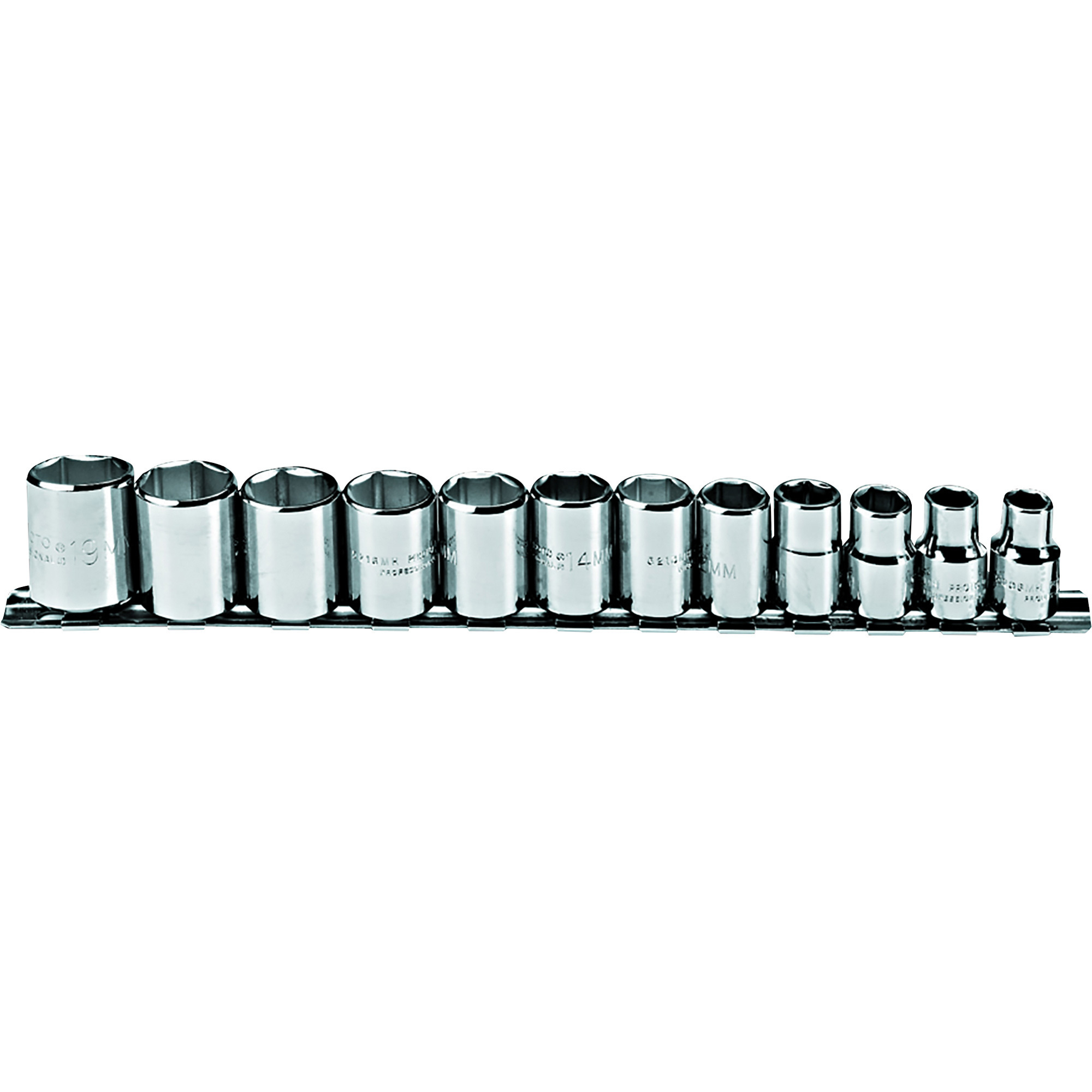 Proto 3/8in. Drive, 6 Point Metric Socket Set with Bar and Clips, 12-Pc., Model# J52209